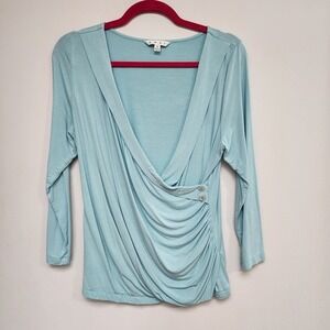 Cabi 553 Womens XL Light Blue Faux Wrap Ruched Side Button 3/4 Sleeve Knit Top